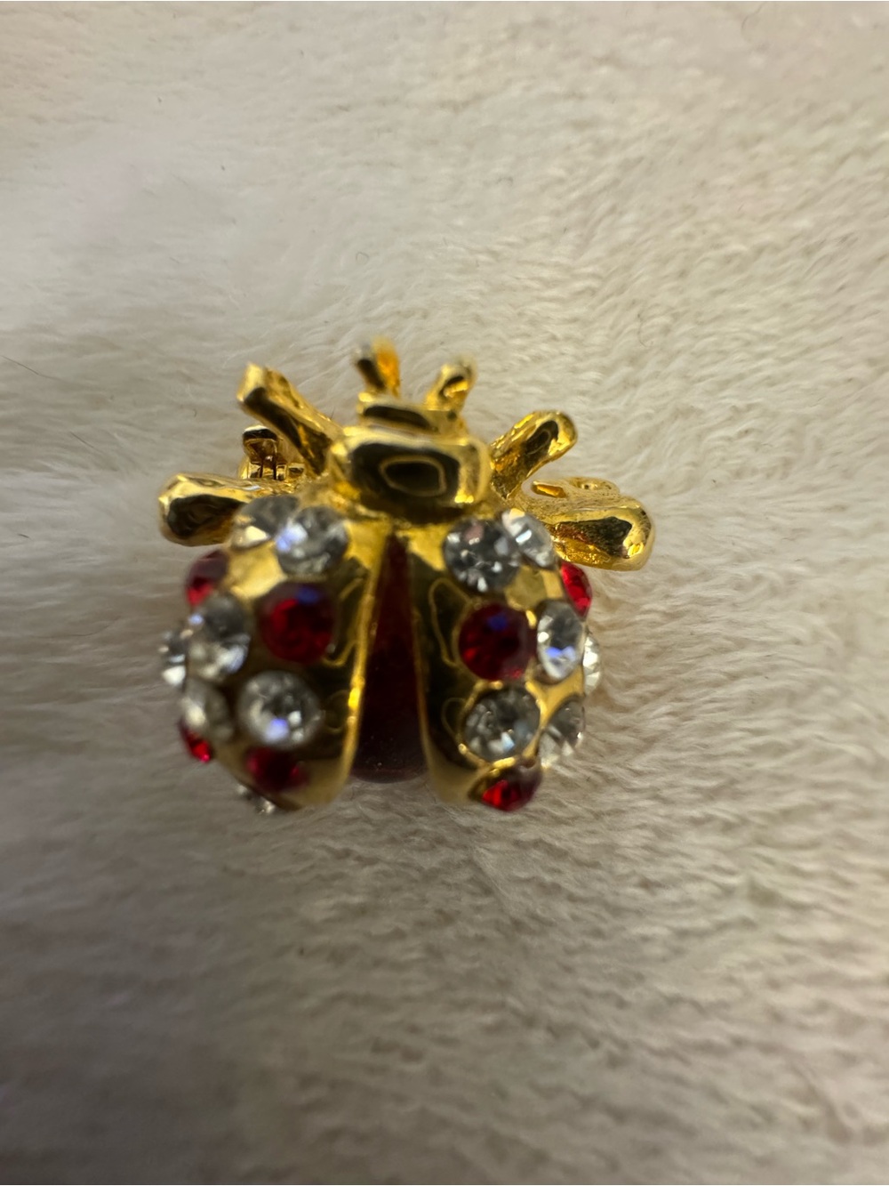 Gold-Tone Ladybug Brooch with Red and Clear Rhinestones